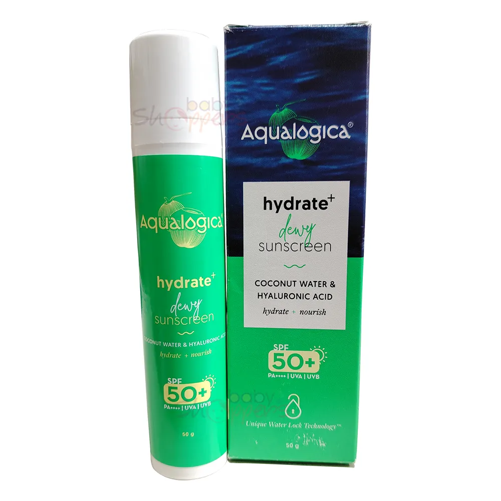 Aqualogica Hydrate+ Dewy Sunscreen SPF50+ With Coconut Water & Hyaluronic Acid 50gm Aqualogica Hydrate Dewy Sunscreen SPF50 With Coconut Water Hyaluronic Acid 50gm Aqualogica Hydrate+ Dewy Sunscreen SPF50+ With Coconut Water & Hyaluronic Acid 50gm