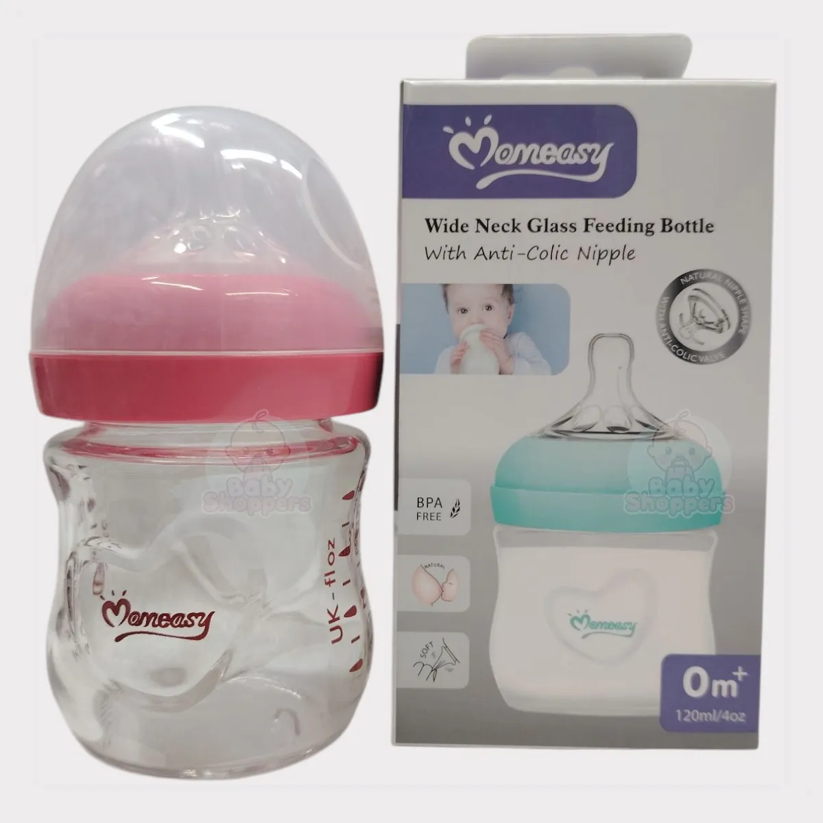 Momeasy Wide Neek Glass feeder 0M+ 120ml Momeasy Wide Neek Glass feeder 0M 120ml Momeasy Wide Neek Glass Feeding Bottle 0M+ 120ml
