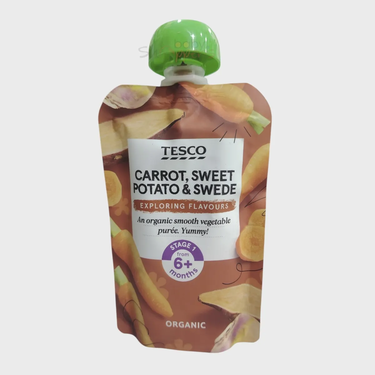 Tesco Organic Carrot Sweet Potato Swede Pouch 6m+ 100g Tesco Organic Carrot Sweet Potato Swede Pouch 6m+ 100g